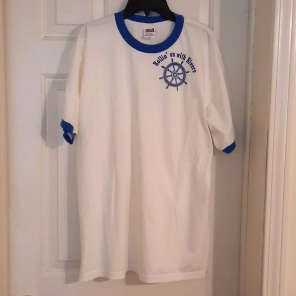 Rollin' on with River vintage 1970's sailor Helm design  blue eding on sleeves - Picture 1 of 6